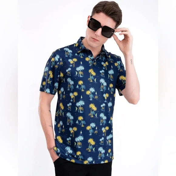 $3 💕5/$15 Navy Palm Tree Print Men's Golf Shirt, NEW - Picture 5 of 6